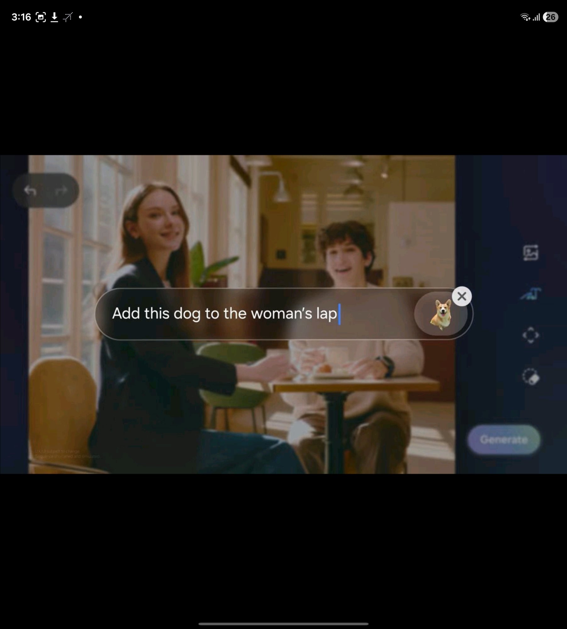 Instruction-based editing — Add this dog to the woman's lap