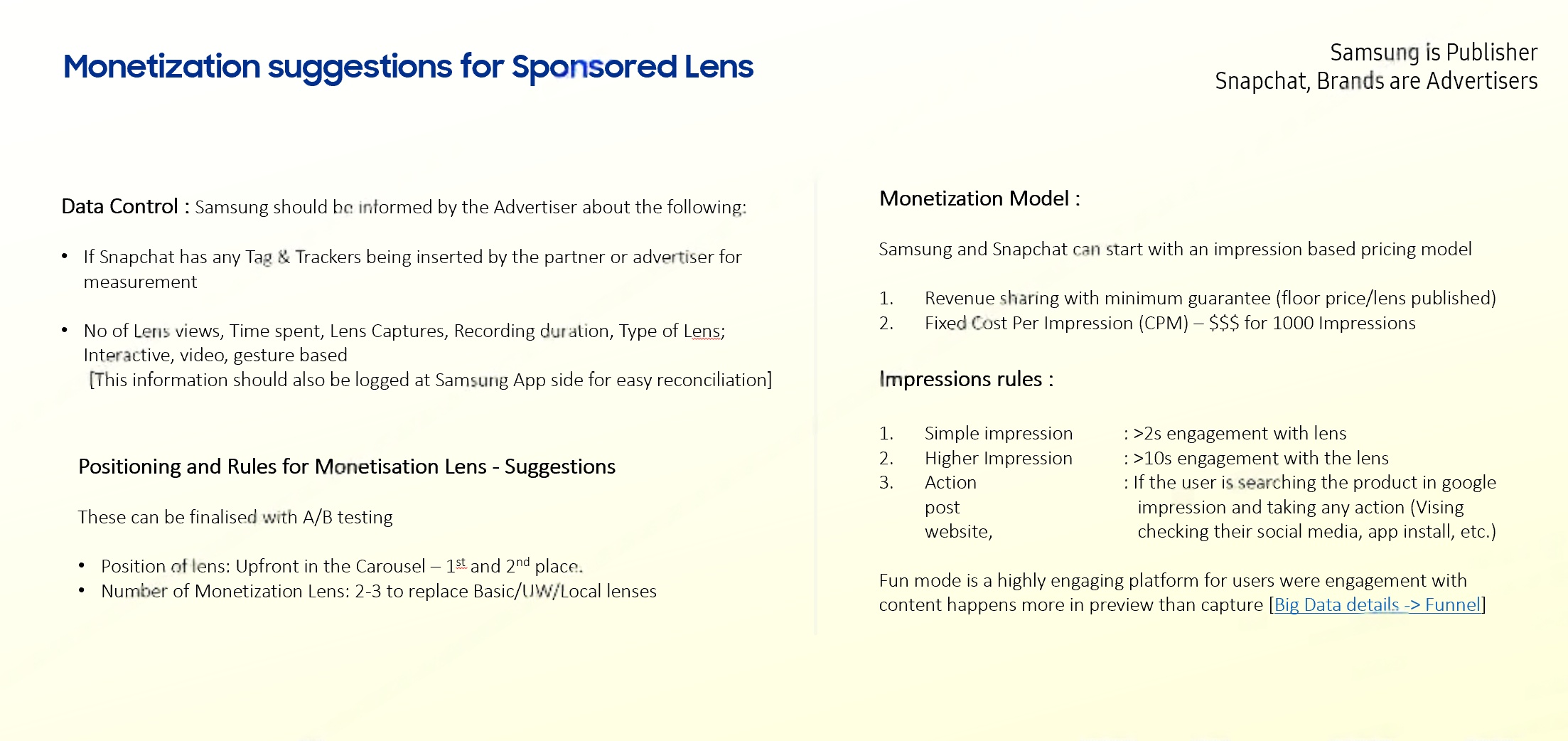 Monetisation: impression-based CPM, revenue sharing