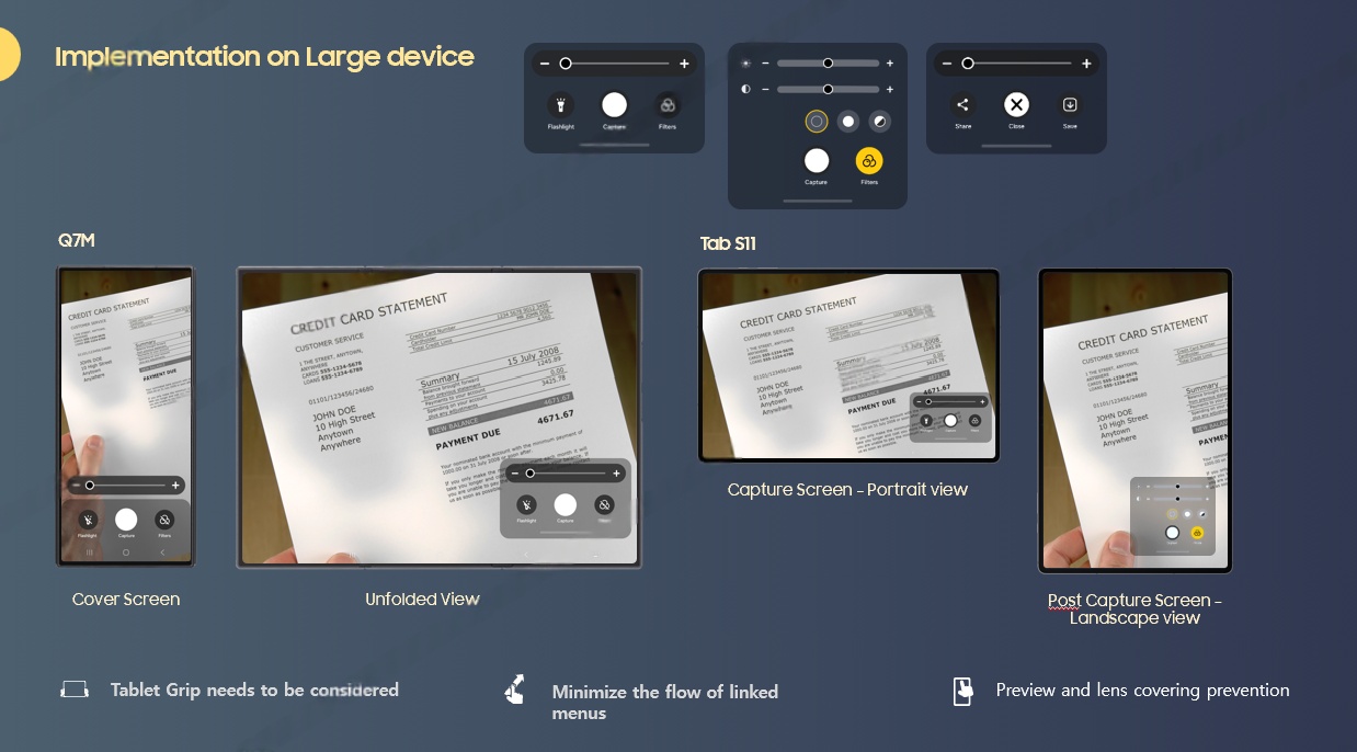 Large device implementation: Q7M Fold Cover and Unfolded, Tab S11 Capture and Post-Capture landscape